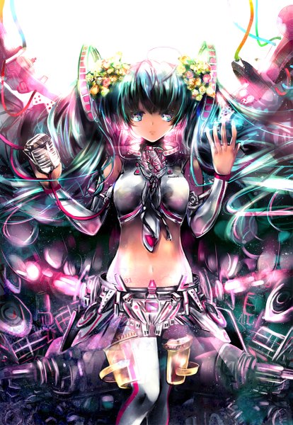 Anime picture 829x1200 with vocaloid hatsune miku heco (mama) single tall image looking at viewer fringe twintails ahoge very long hair hair flower aqua eyes aqua hair midriff alternate costume girl thighhighs navel hair ornament flower (flowers)