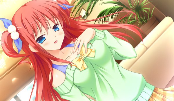 Anime picture 1024x600 with prestar long hair blush open mouth blue eyes wide image twintails bare shoulders game cg red hair short twintails girl bow hair bow bowtie