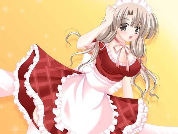 Anime picture 1200x900 with blonde hair twintails game cg black eyes maid yellow background girl dress ribbon (ribbons)