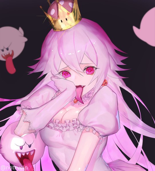 Anime picture 1849x2048 with super mario bros. new super mario bros. u deluxe princess king boo boo (mario) ryein single long hair tall image looking at viewer fringe highres simple background hair between eyes signed pink hair cleavage pink eyes puffy sleeves twitter username black background