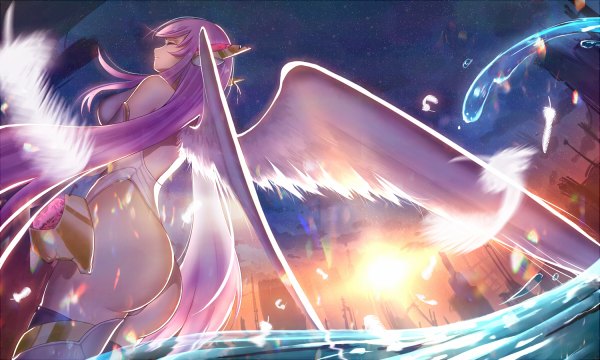 Anime picture 1200x720 with original clarityblue single long hair light erotic wide image bare shoulders purple hair ass eyes closed profile sunlight from below ruins angel mechanical girl thighhighs wings water