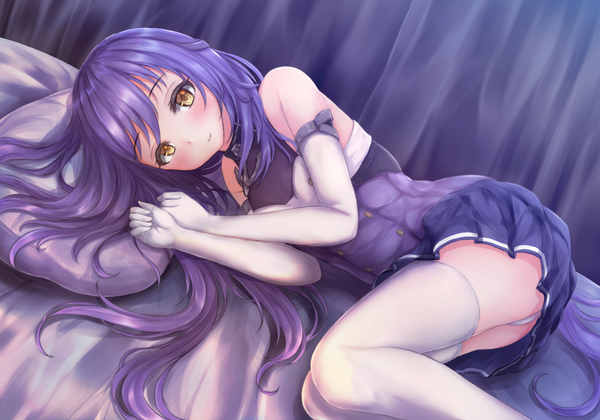 Anime picture 2000x1400 with azur lane dewey (azur lane) absent single long hair looking at viewer blush fringe highres light erotic bare shoulders brown eyes purple hair indoors lying light smile pantyshot on side girl thighhighs
