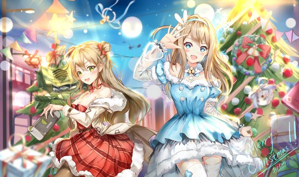 Anime picture 1920x1140 with girls frontline nintendo suomi kp31 (girls frontline) rfb (girls frontline) rfb (how rfb stole xmas) (girls frontline) icefurs long hair looking at viewer blush fringe highres breasts open mouth blue eyes light erotic blonde hair smile hair between eyes wide image standing