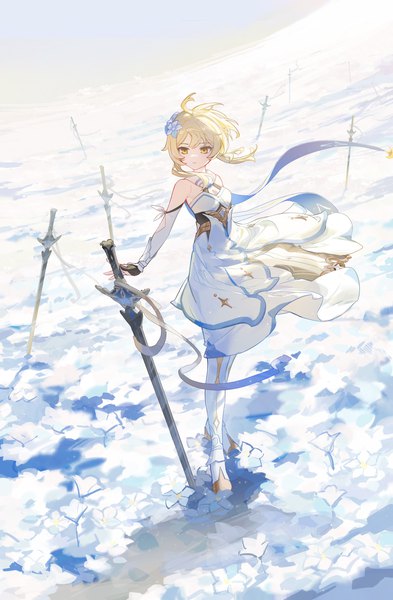 Anime picture 3050x4660 with genshin impact lumine (genshin impact) rafaelaaa single tall image highres short hair blonde hair standing yellow eyes looking away absurdres full body ahoge hair flower from above wind girl dress flower (flowers)