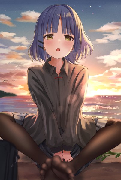 Anime picture 2894x4304 with bocchi the rock! cloverworks yamada ryou kirinagi35 single tall image looking at viewer blush highres short hair open mouth sitting green eyes blue hair sky cloud (clouds) outdoors mole no shoes mole under eye