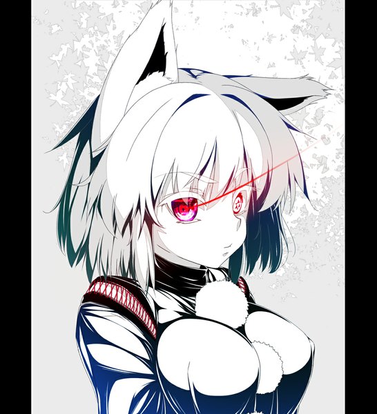 Anime-Bild 1000x1099 mit touhou inubashiri momiji isami-san single tall image looking at viewer short hair breasts red eyes large breasts animal ears silver hair glowing monochrome glowing eye (eyes) between breasts wolf ears girl leaf (leaves) pom pom (clothes)