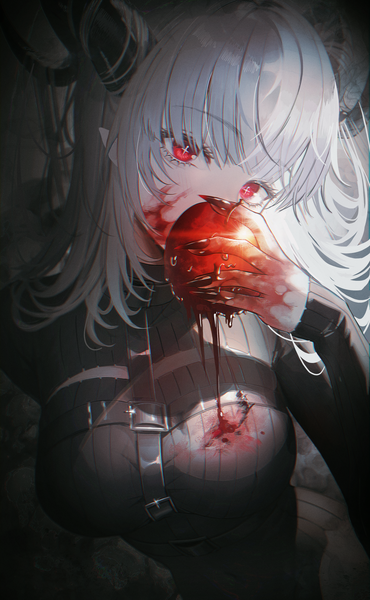 Anime picture 1852x3000 with original noubin single long hair tall image looking at viewer fringe highres red eyes standing silver hair upper body blunt bangs long sleeves nail polish head tilt horn (horns) fingernails pointy ears symbol-shaped pupils