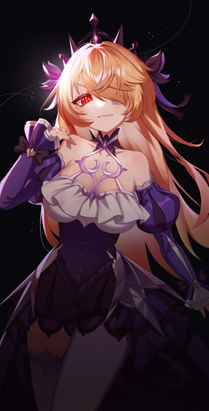 Anime picture 1781x3508 with genshin impact fischl (genshin impact) fischl (ein immernachtstraum) (genshin impact) mipopo single long hair tall image looking at viewer fringe highres breasts light erotic simple background blonde hair smile red eyes standing bare shoulders long sleeves arm up