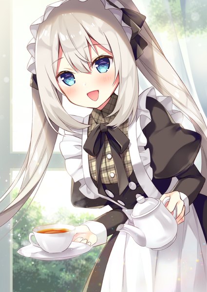 Anime-Bild 600x847 mit fate (series) fate/grand order marie antoinette (fate/grand order) sumisaki yuzuna single long hair tall image looking at viewer blush fringe open mouth blue eyes hair between eyes twintails payot silver hair :d maid leaning leaning forward