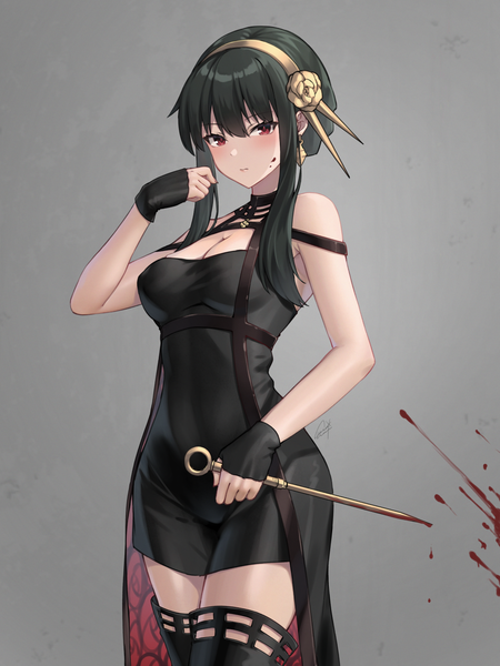 Anime picture 990x1320 with spy x family yor briar yaki mayu single long hair tall image looking at viewer blush fringe breasts black hair simple background hair between eyes red eyes standing holding signed cleavage grey background blood on face