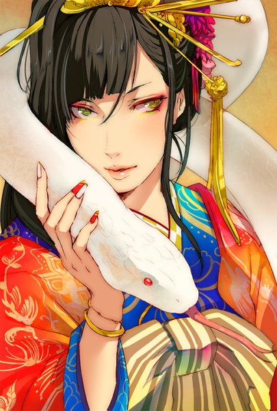 Anime-Bild 676x1000 mit original null (chronix) single long hair tall image black hair green eyes looking away nail polish traditional clothes japanese clothes fingernails lips face long fingernails makeup red nail polish nail art multicolored nail polish white nail polish