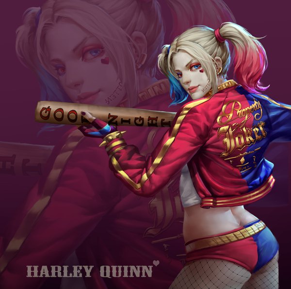 Anime picture 2000x1989 with batman suicide squad dc comics harley queen san miao single long hair looking at viewer highres light erotic blonde hair twintails ass nail polish looking back inscription open jacket character names lipstick back