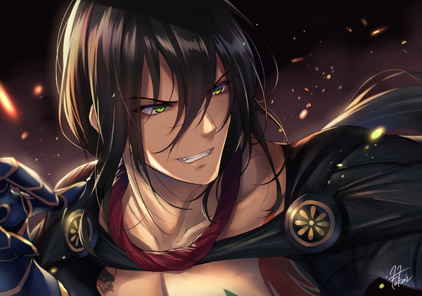 Anime picture 1040x730 with fate (series) fate/grand order yan qing (fate) fukai ryosuke single long hair fringe black hair hair between eyes green eyes signed looking away upper body clenched teeth boy cape