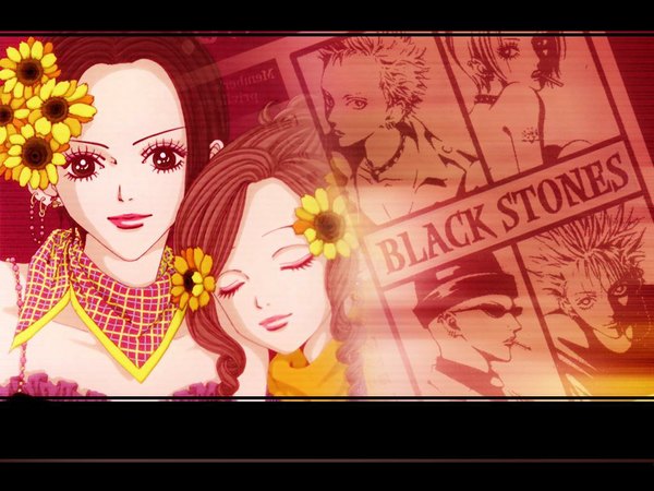 Anime picture 1024x768 with nana madhouse osaki nana nana komatsu okazaki shin'ichi takagi yasushi terashima nobu black stones flower (flowers) blast