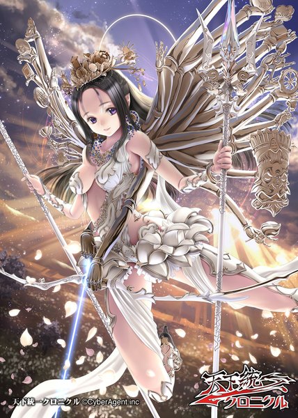 Anime picture 745x1044 with sumomo kpa single long hair tall image breasts light erotic black hair purple eyes sky cloud (clouds) girl dress hair ornament weapon earrings petals wings pendant bow (weapon) trident