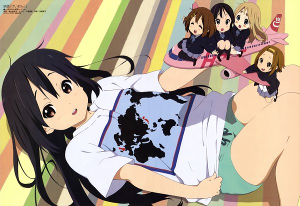 Anime picture 5937x4080 with k-on! kyoto animation megami magazine akiyama mio hirasawa yui nakano azusa kotobuki tsumugi tainaka ritsu long hair blush highres open mouth black hair brown eyes absurdres black eyes official art chibi girl shorts