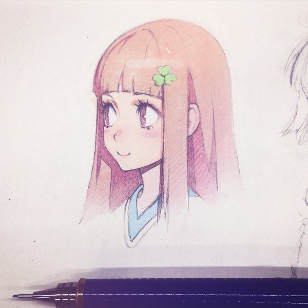 Anime picture 1080x1080 with original ilya kuvshinov single long hair blush fringe simple background smile brown hair brown eyes looking away upper body blunt bangs traditional media sketch photo (medium) girl hairclip mechanical pencil