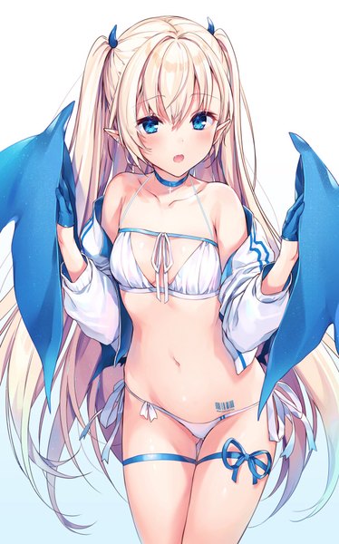 Anime picture 1212x1944 with original komeshiro kasu single long hair tall image looking at viewer blush fringe breasts open mouth blue eyes light erotic simple background blonde hair hair between eyes standing white background bare shoulders holding long sleeves