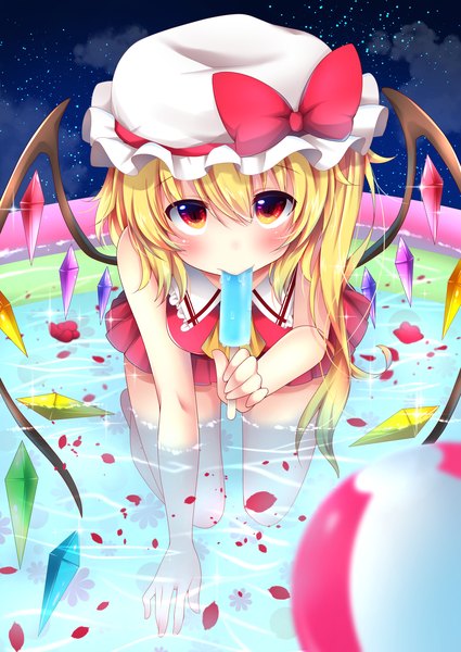 Anime picture 1505x2125 with touhou flandre scarlet sisterakuma single long hair tall image looking at viewer blush light erotic blonde hair red eyes holding night one side up partially submerged mouth hold on all fours food in mouth girl bow
