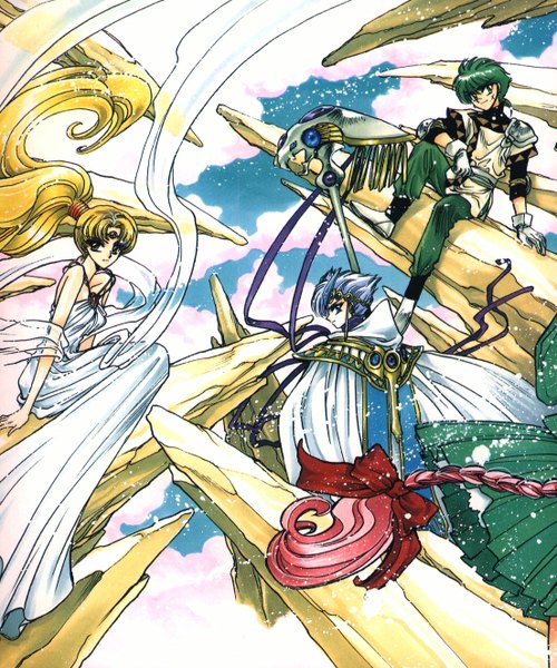 Anime picture 1103x1322 with magic knight rayearth clamp shidou hikaru ferio clef presea long hair tall image short hair blue eyes blonde hair sitting brown eyes blue hair sky cloud (clouds) ponytail green hair back group