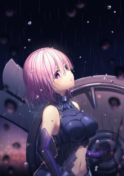 Anime picture 800x1132 with fate (series) fate/grand order mash kyrielight rosuuri single tall image fringe short hair breasts simple background hair between eyes purple eyes bare shoulders signed pink hair upper body parted lips wet watermark black background