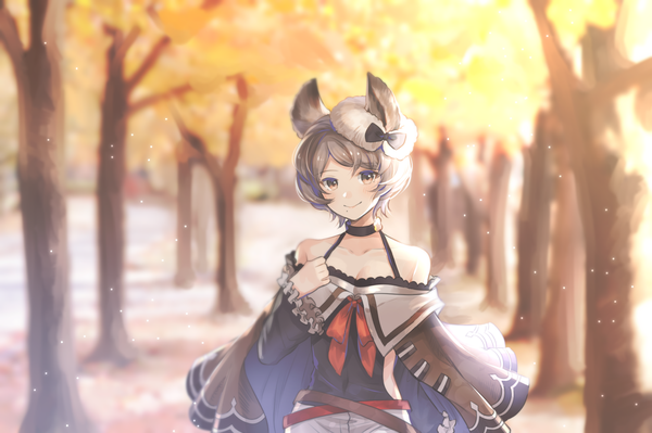 Anime-Bild 2000x1333 mit granblue fantasy sutera (granblue fantasy) myusha single looking at viewer blush fringe highres short hair smile brown hair standing bare shoulders brown eyes animal ears outdoors blurry mole depth of field mole under mouth