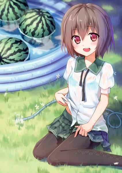 Anime picture 1200x1696 with kantai collection mutsuki destroyer hagi (ame hagi) single tall image looking at viewer blush short hair open mouth black hair red eyes sitting girl skirt miniskirt pantyhose food black pantyhose berry (berries) watermelon