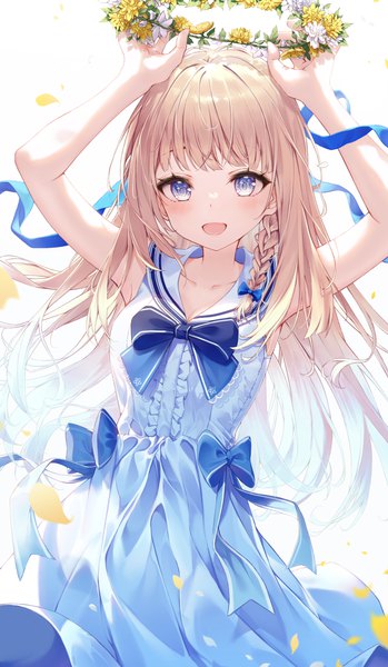Anime picture 1690x2904 with original keis (locrian1357) single long hair tall image blush fringe open mouth blue eyes blonde hair looking away blunt bangs braid (braids) :d arms up side braid sailor collar girl dress flower (flowers)