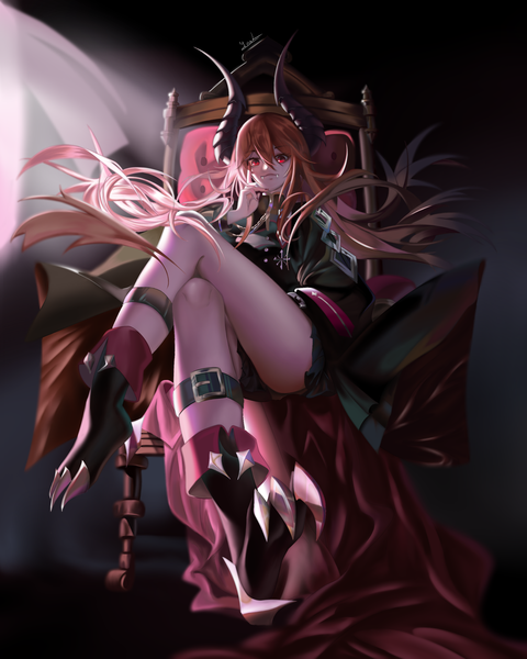 Anime picture 2400x3000 with original glyconftw single long hair tall image looking at viewer fringe highres simple background hair between eyes red eyes sitting signed full body bent knee (knees) red hair nail polish horn (horns) fingernails light smile