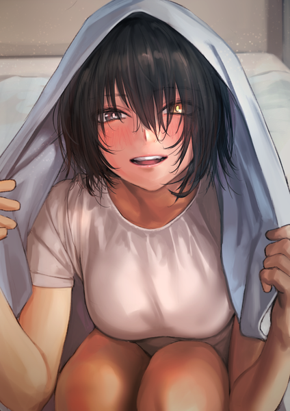 Anime picture 1191x1684 with original kilye 4421 single tall image looking at viewer blush fringe short hair breasts open mouth smile brown eyes yellow eyes indoors hair over one eye heterochromia under covers girl bed t-shirt