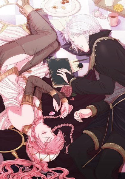 Anime picture 700x1001 with fire emblem fire emblem awakening nintendo olivia (fire emblem) henry (fire emblem) nora zombie long hair tall image short hair pink hair white hair lying braid (braids) sleeping girl dress boy hair ornament flower (flowers) detached sleeves