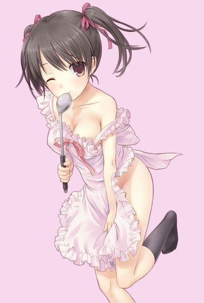 Anime picture 1000x1480 with original n.g. tall image blush short hair light erotic black hair twintails brown eyes one eye closed wink naked apron girl ribbon (ribbons) hair ribbon socks black socks