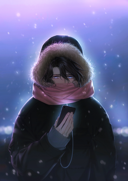 Anime picture 1048x1483 with original e7 (runaway162) single tall image looking at viewer fringe short hair blue eyes black hair hair between eyes holding upper body outdoors grey eyes fur trim heterochromia snowing winter covered mouth boy