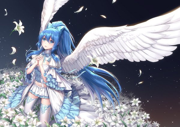 Anime picture 1414x1000 with original moyu single blush fringe breasts blue eyes hair between eyes blue hair ponytail very long hair parted lips pleated skirt zettai ryouiki kneeling angel wings hands clasped white wings interlocked fingers thighhighs