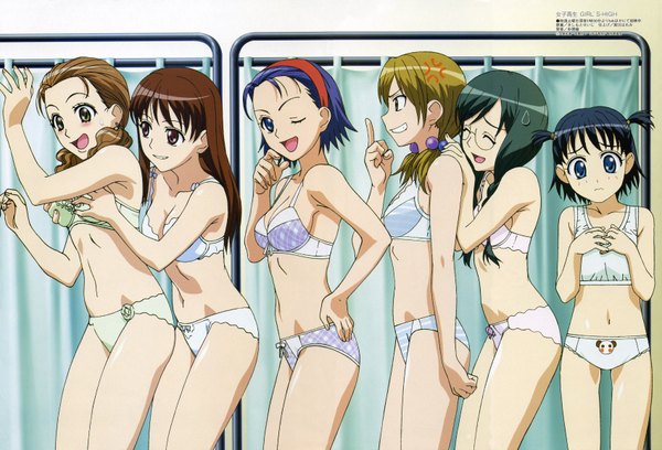 Anime picture 3402x2316 with girls high megami magazine suzuki yuma takahashi eriko satou ayano ogawa ikue himeji kyouko kouda akari highres light erotic multiple girls underwear only 6+ girls 6 girls girl underwear panties