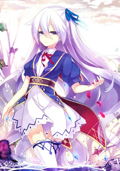 Anime picture 723x1023 with original pixiv fantasia pixiv fantasia fallen kings single long hair tall image looking at viewer fringe white background sky purple hair cloud (clouds) bare tree girl dress ribbon (ribbons) plant (plants) hair ribbon petals tree (trees)