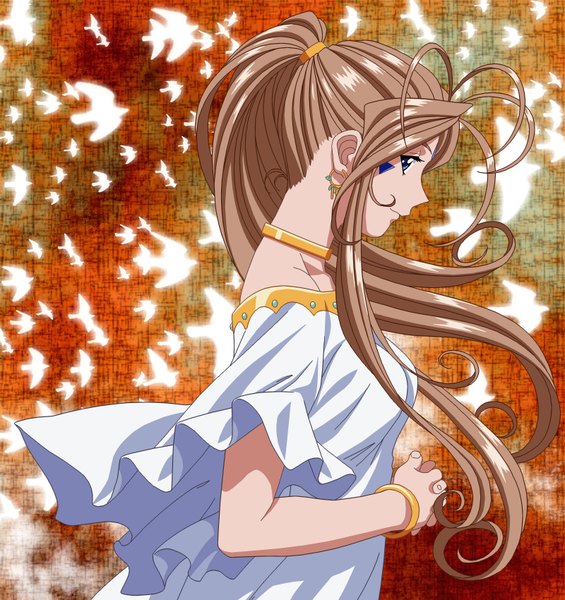 イラスト 1600x1700 と ああっ女神さまっ anime international company ベルダンディー ソロ 長髪 長身像 青い目 茶色の髪 ポニーテール 女の子 耳飾り 首輪