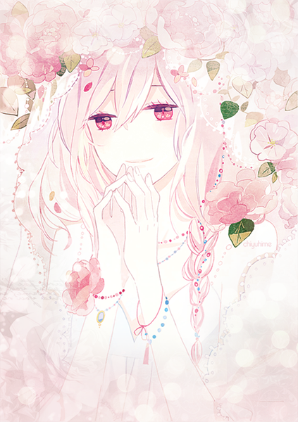 Anime picture 564x800 with original kyang692 single long hair tall image blush white background bare shoulders pink hair braid (braids) pink eyes light smile arms up sleeveless single braid looking down hands clasped girl dress flower (flowers)