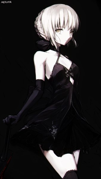 Anime picture 520x920 with fate (series) fate/grand order artoria pendragon (all) saber alter nekoya (liu) single tall image looking at viewer fringe short hair breasts blonde hair simple background bare shoulders yellow eyes cleavage zettai ryouiki black background center opening white skin