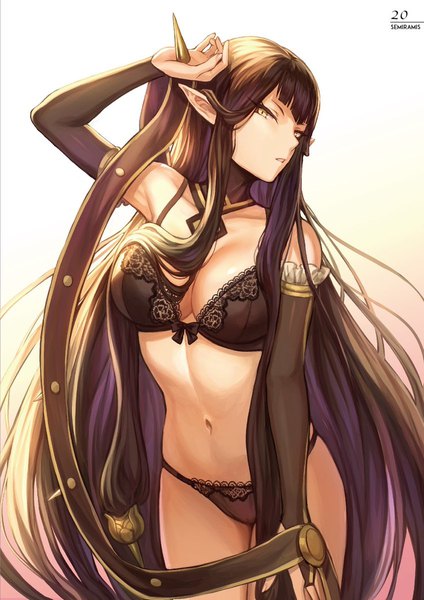 Anime picture 848x1199 with fate (series) fate/grand order fate/apocrypha semiramis (fate) mashuu (neko no oyashiro) single tall image looking at viewer fringe light erotic black hair simple background standing yellow eyes cleavage blunt bangs very long hair parted lips arm up pointy ears