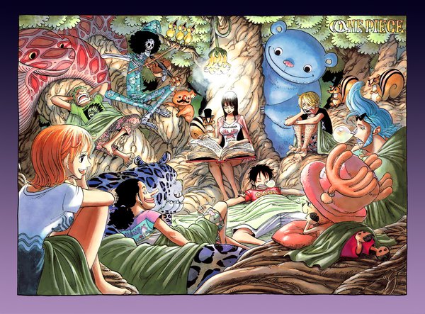 Anime picture 1487x1100 with one piece toei animation nami (one piece) monkey d. luffy nico robin roronoa zoro sanji tony tony chopper usopp franky brook (one piece) oda eiichirou long hair fringe short hair breasts open mouth black hair blonde hair smile