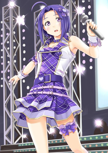 Anime picture 827x1169 with idolmaster miura azusa miri (ago550421) single tall image looking at viewer blush short hair open mouth purple eyes blue hair check my note girl dress bow hair bow microphone