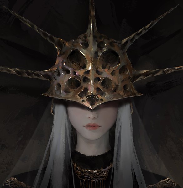 Anime picture 3147x3233 with dark souls (series) dark souls from software dark sun gwyndolin wlop single long hair tall image highres absurdres lips grey hair portrait androgynous covering eye (eyes) boy helmet spikes