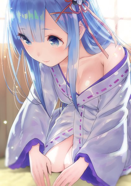 Anime picture 644x915 with re:zero kara hajimeru isekai seikatsu white fox rem (re:zero) yasuyuki single long hair tall image blush fringe breasts blue eyes light erotic sitting blue hair cleavage indoors blunt bangs traditional clothes japanese clothes sunlight