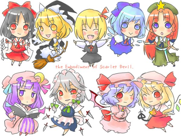 Anime picture 1024x768 with touhou the embodiment of scarlet devil hakurei reimu flandre scarlet remilia scarlet kirisame marisa izayoi sakuya patchouli knowledge cirno hong meiling rumia takanashi minato long hair short hair blue eyes black hair simple background blonde hair red eyes white background