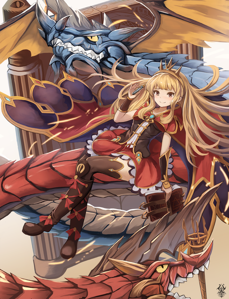 Anime picture 1200x1560 with granblue fantasy cagliostro (granblue fantasy) ouroboros (granblue fantasy) eruthika single long hair tall image looking at viewer blush blonde hair smile holding brown eyes signed bent knee (knees) fang (fangs) crossed legs floating hair fantasy clenched teeth
