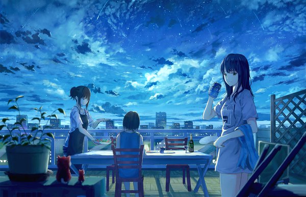 Anime picture 2372x1527 with original suntory sugi87 long hair looking at viewer highres short hair black hair standing sitting multiple girls payot sky cloud (clouds) ponytail city cityscape girl plant (plants) 3 girls