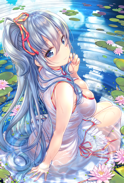 Anime picture 1308x1920 with original emori miku project emori miku sakura moyon single tall image looking at viewer blush fringe breasts blue eyes light erotic smile hair between eyes large breasts sitting bare shoulders payot blue hair cloud (clouds)