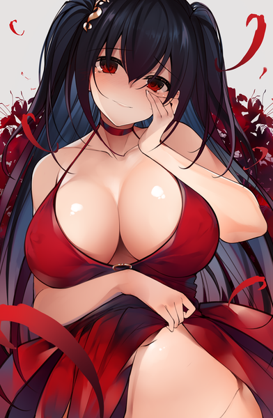 Anime-Bild 3062x4689 mit azur lane taihou (azur lane) taihou (forbidden feast) (azur lane) netarou single long hair tall image looking at viewer blush fringe highres breasts light erotic black hair simple background hair between eyes red eyes large breasts twintails bare shoulders