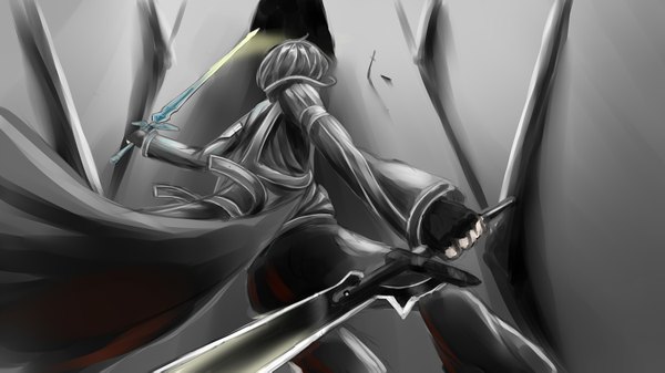 Anime picture 1500x843 with sword art online a-1 pictures kirigaya kazuto single short hair black hair wide image from behind boy weapon sword fingerless gloves cloak